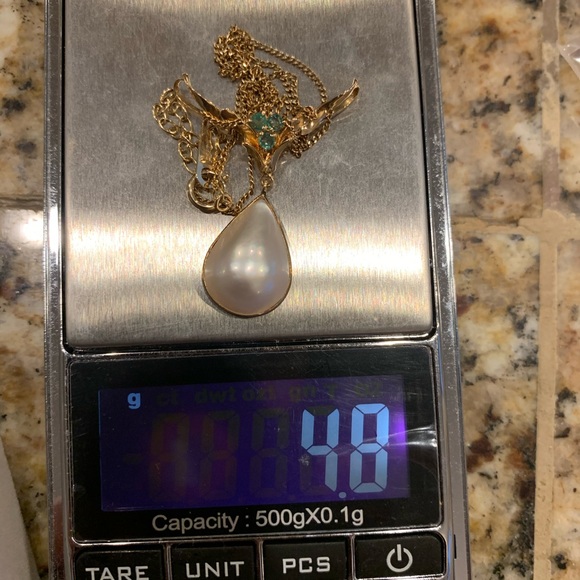 Solid 18k yellow gold mabe pearl and emerald necklace - Picture 7 of 8